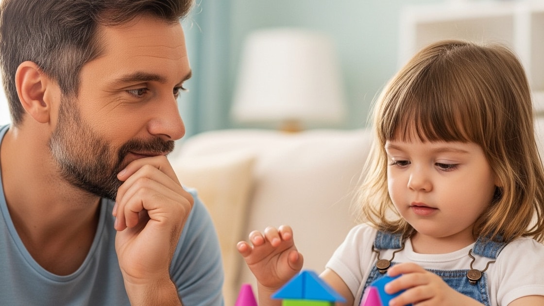 A father thoughtfully looking at his child, representing a moment of reflection and connection. Soft, warm lighting.